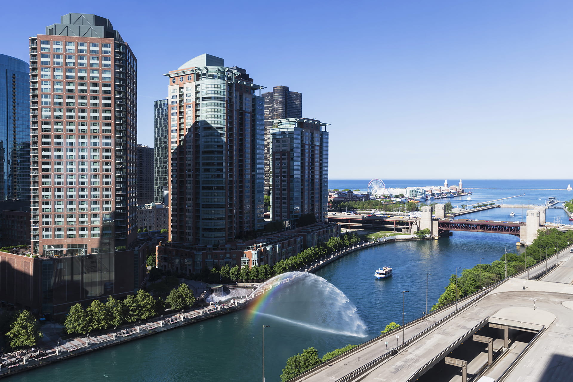 Chicago, High-rise buildings, Lake Michigan and Centennial Fountain at Chicago River